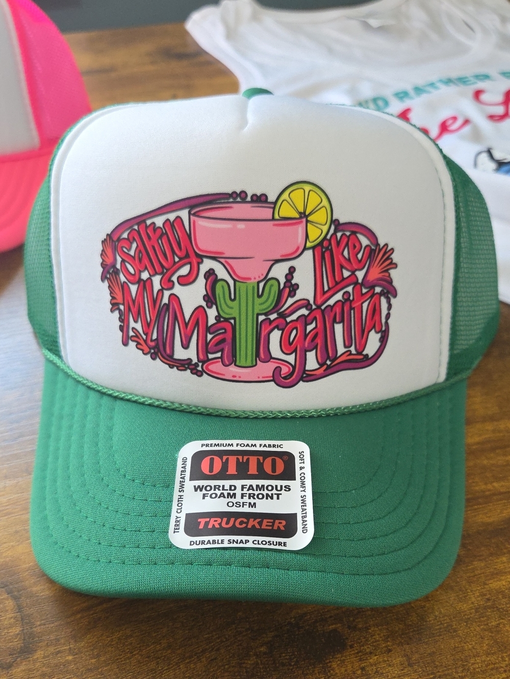 OTTO Green and White Trucker Hat with Pink Margarita Graphic